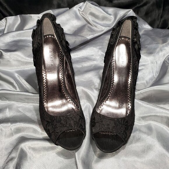 RAMPAGE black satin lace open toe heels GRACELAND - Picture 3 of 5